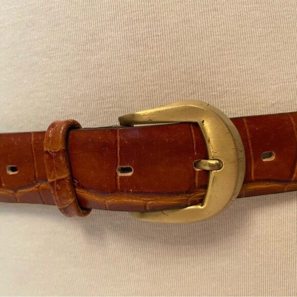 USA MADE MENS BELT BROWN CROC LOOK LEATHER IMPORTED PIG GOLD TONE BUCKLE 38 - Picture 2 of 11
